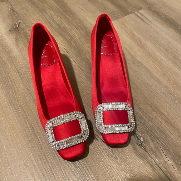 Shoes - Brand new square buckle toe jewel shoes mid heel red